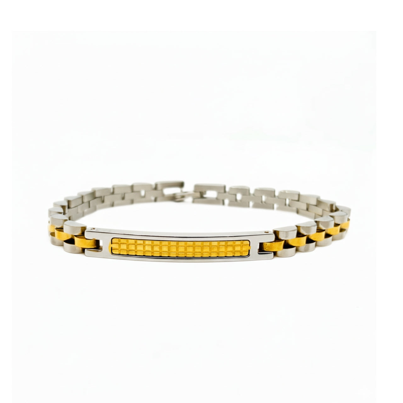 Two-tone silver and gold stainless steel bracelet for men, featuring a textured gold center and sleek silver links.