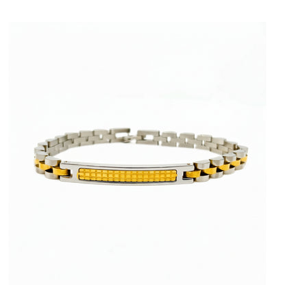 Two-tone silver and gold stainless steel bracelet for men, featuring a textured gold center and sleek silver links.