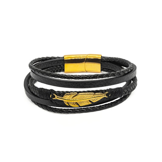 Black Leather & Gold Stainless Steel Feather - B-14 Bracelet | Men's - Overpowered Accessories Egypt