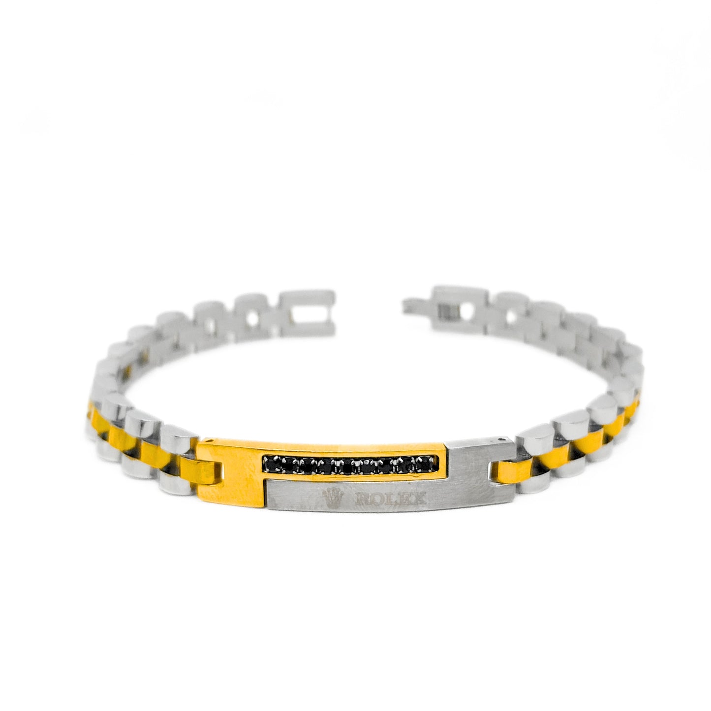 Men's B-148 Bracelet by Overpowered Accessories features micro-zircon and stainless steel with a gold accent. Sleek and styli