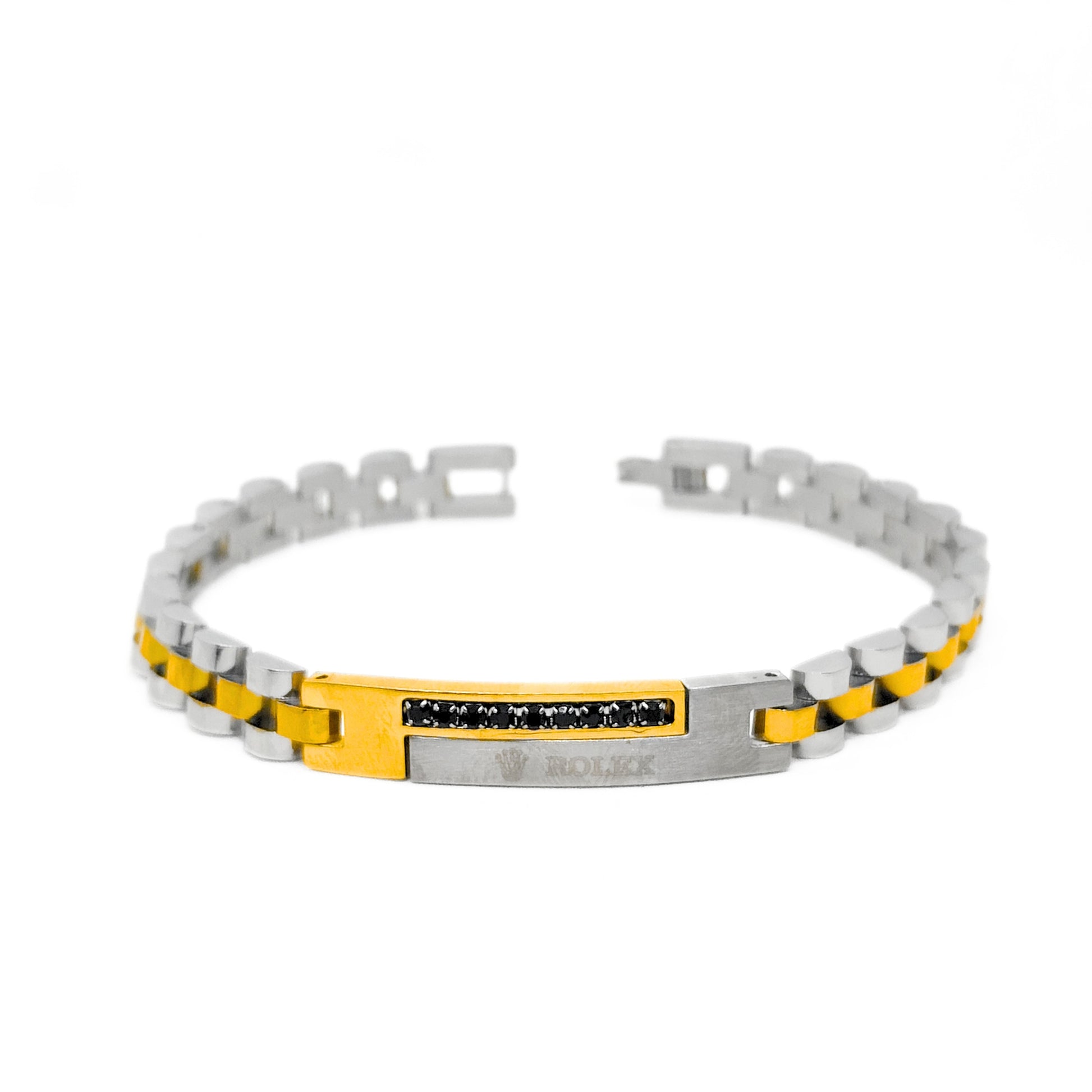Men's B-148 Bracelet by Overpowered Accessories features micro-zircon and stainless steel with a gold accent. Sleek and styli