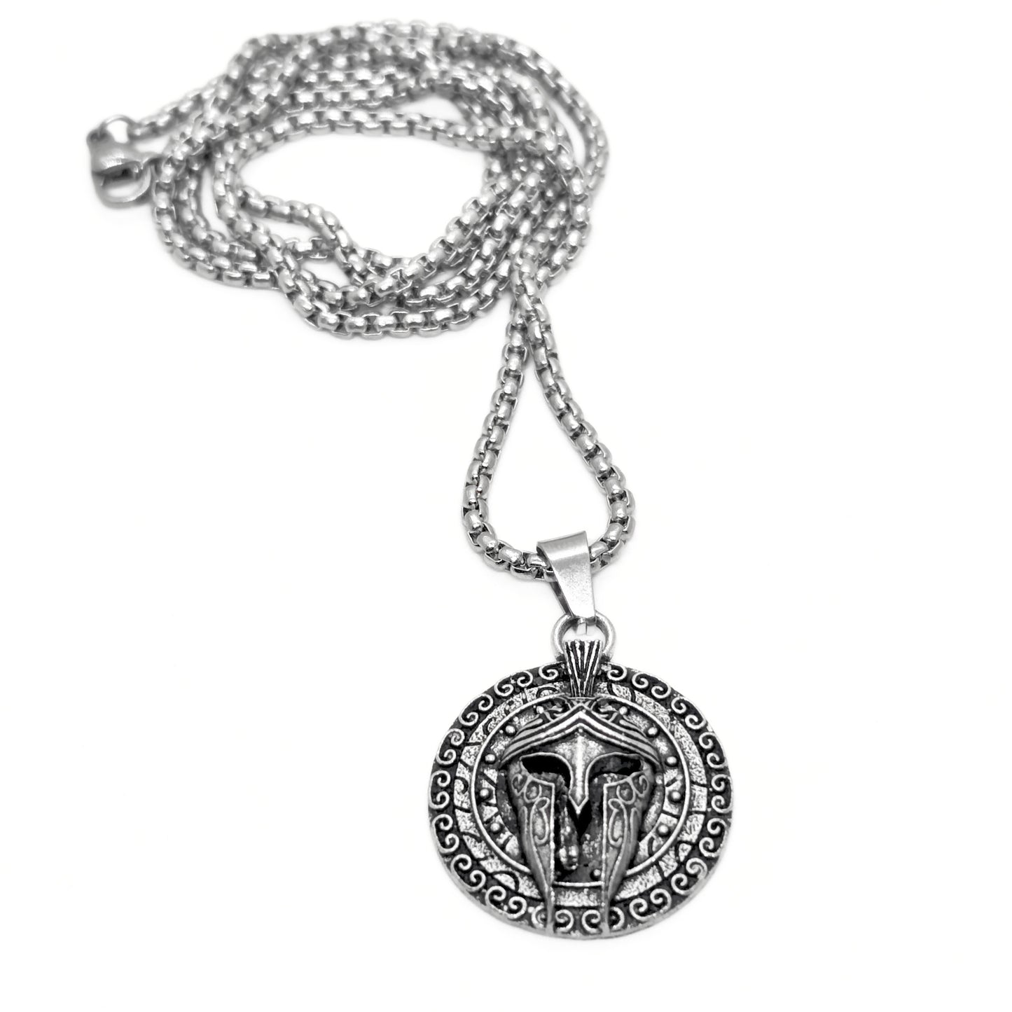 Silver PN-11 Sparta Warrior Pendant necklace featuring a detailed warrior design on a chain. Ideal for men.