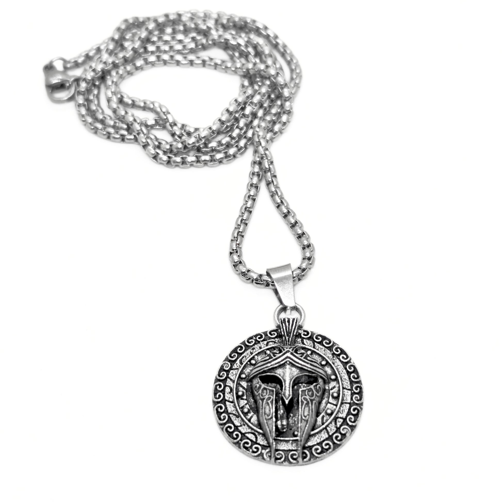 Silver PN-11 Sparta Warrior Pendant necklace featuring a detailed warrior design on a chain. Ideal for men.