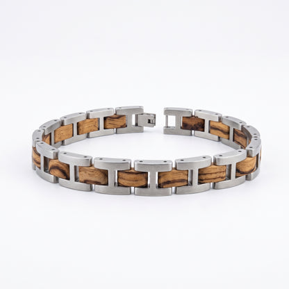 Stainless steel and zebrawood inlay link bracelet, detailed links and connector, Overpowered Accessories