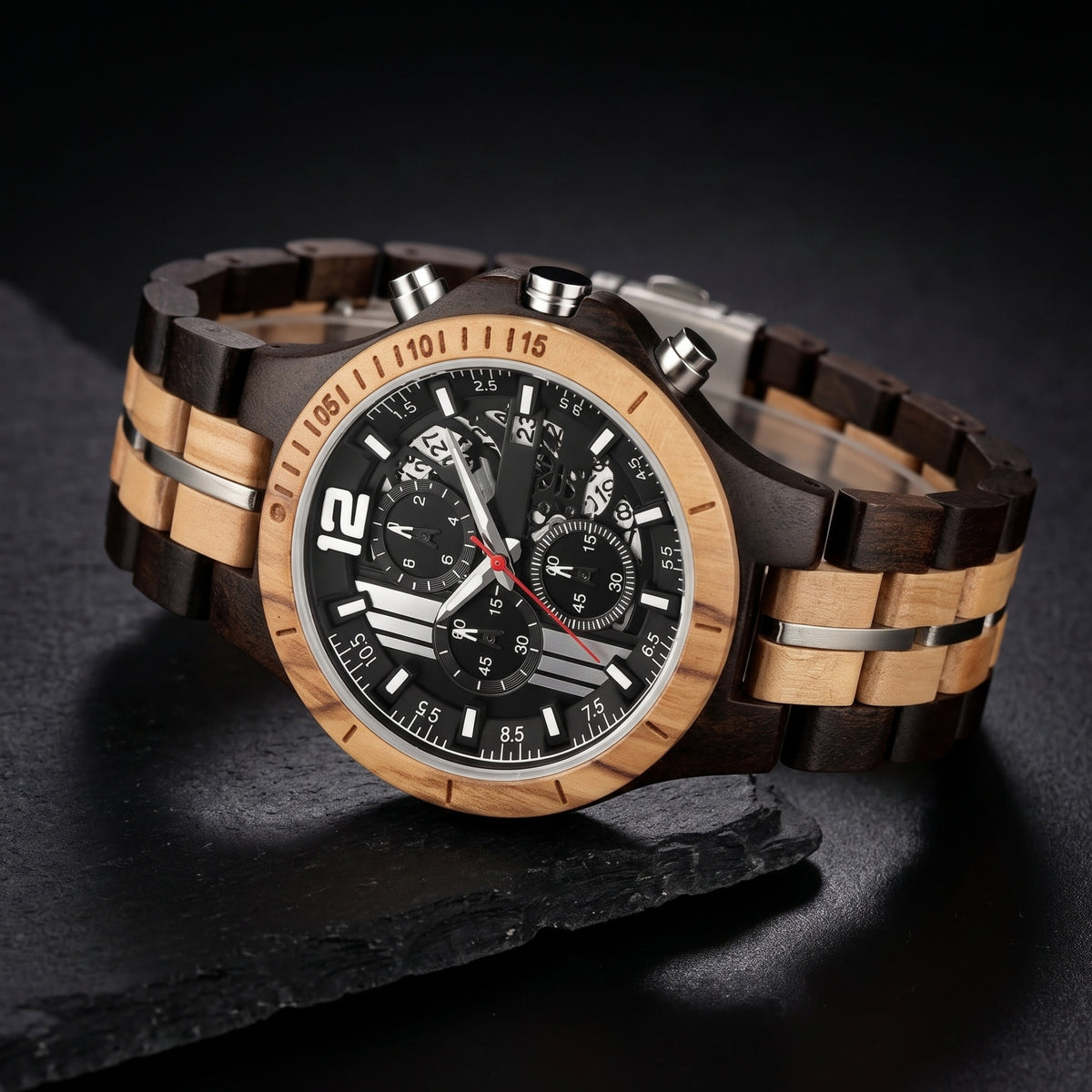 Men's wood sport watch featuring black dial, red accent hand, and alternating light and dark links.