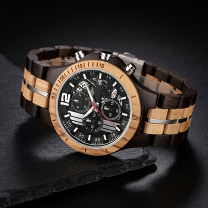 Men's wood sport watch featuring black dial, red accent hand, and alternating light and dark links.