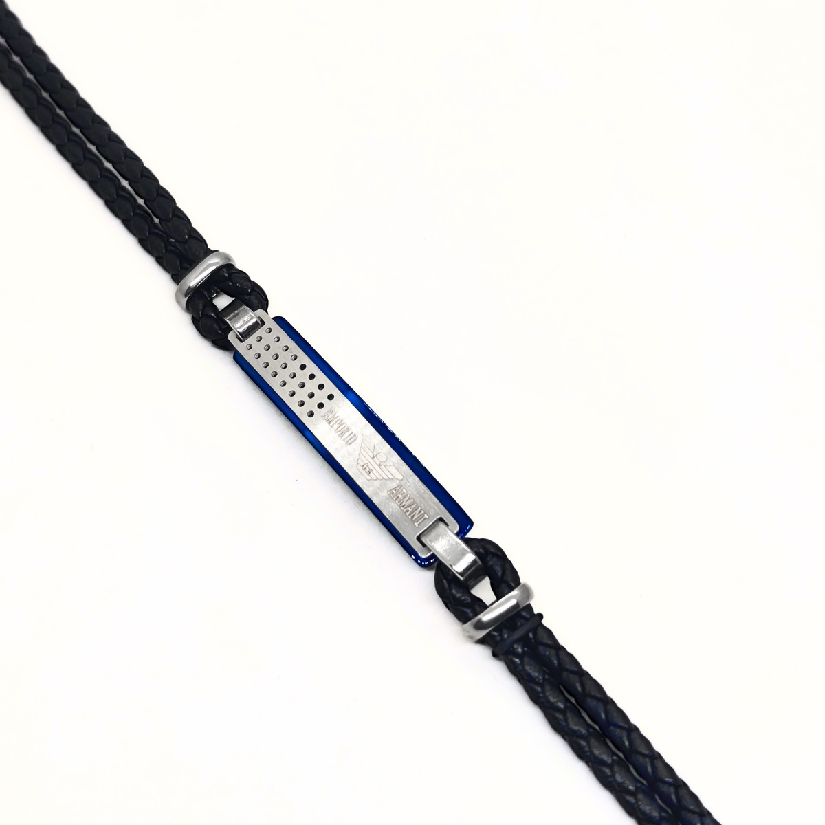 Black braided leather cords with silver and blue steel center plate laid flat, B-201, Overpowered Accessories