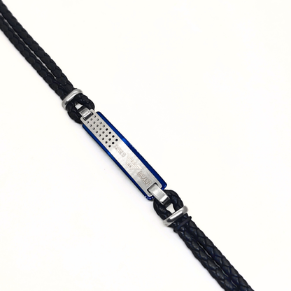 Black braided leather cords with silver and blue steel center plate laid flat, B-201, Overpowered Accessories