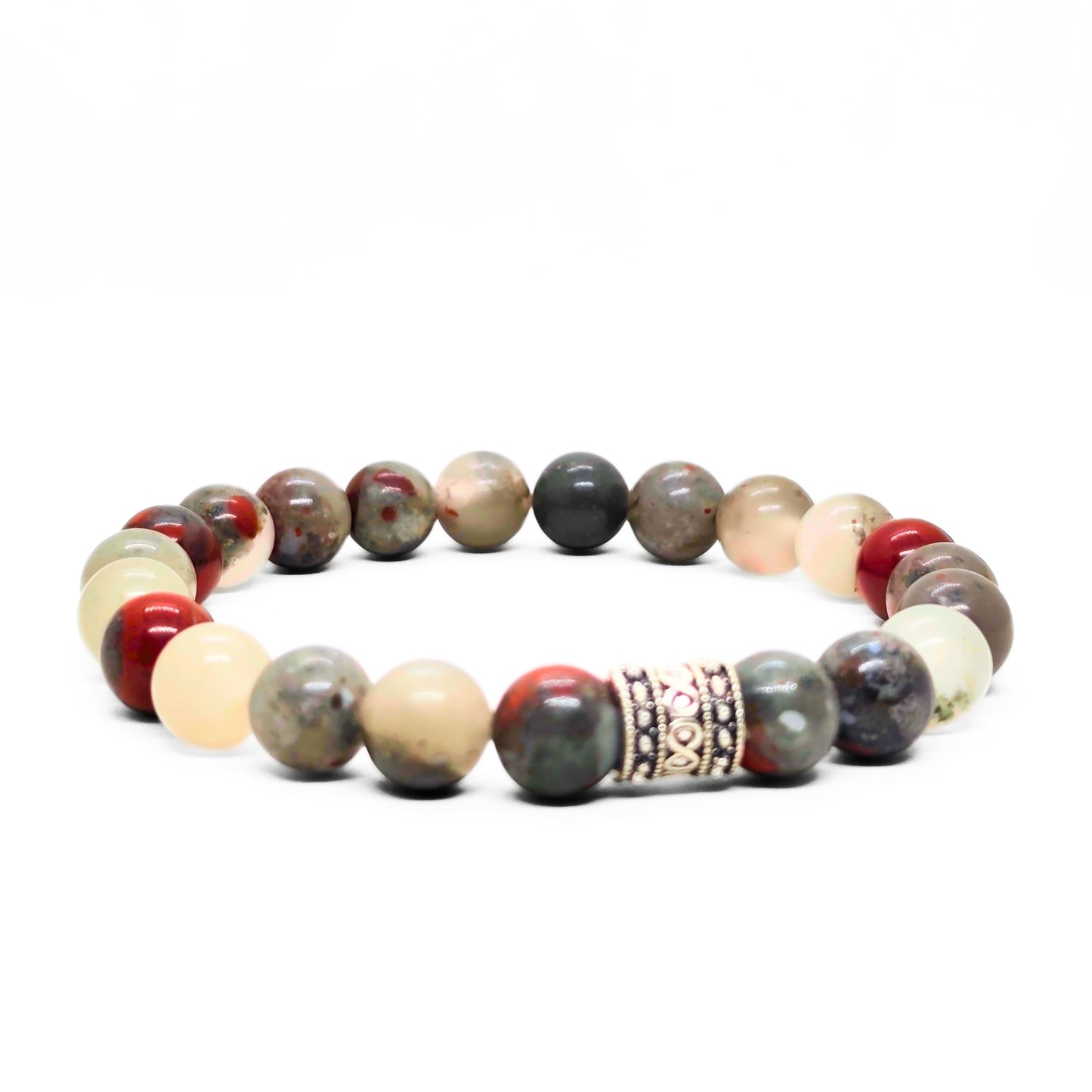Men's natural stone beaded bracelet with red, cream, and gray beads; ornate metal spacer
