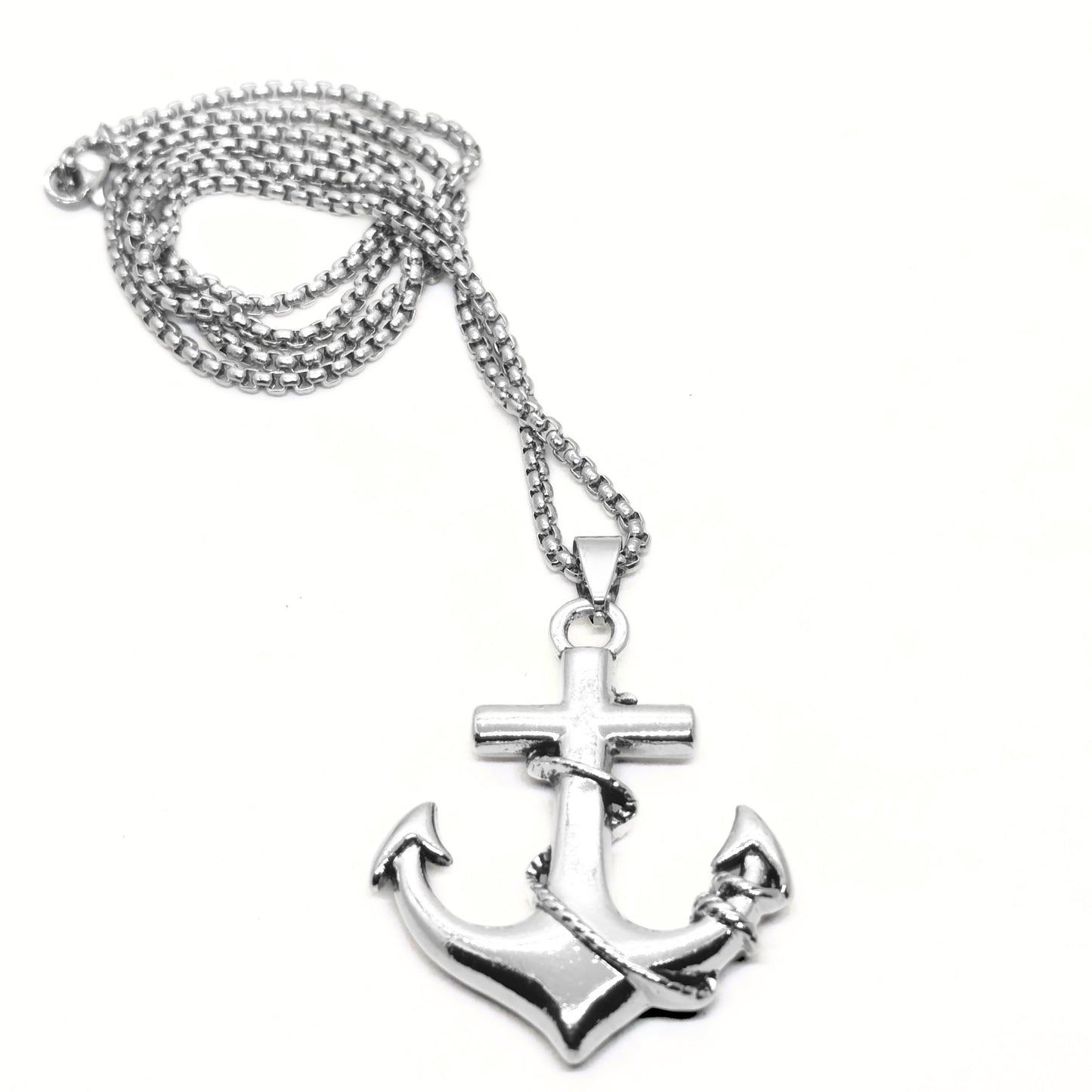 Silver anchor pendant necklace with a cross and rope detail, hanging from a metal chain. Ideal for men's fashion.