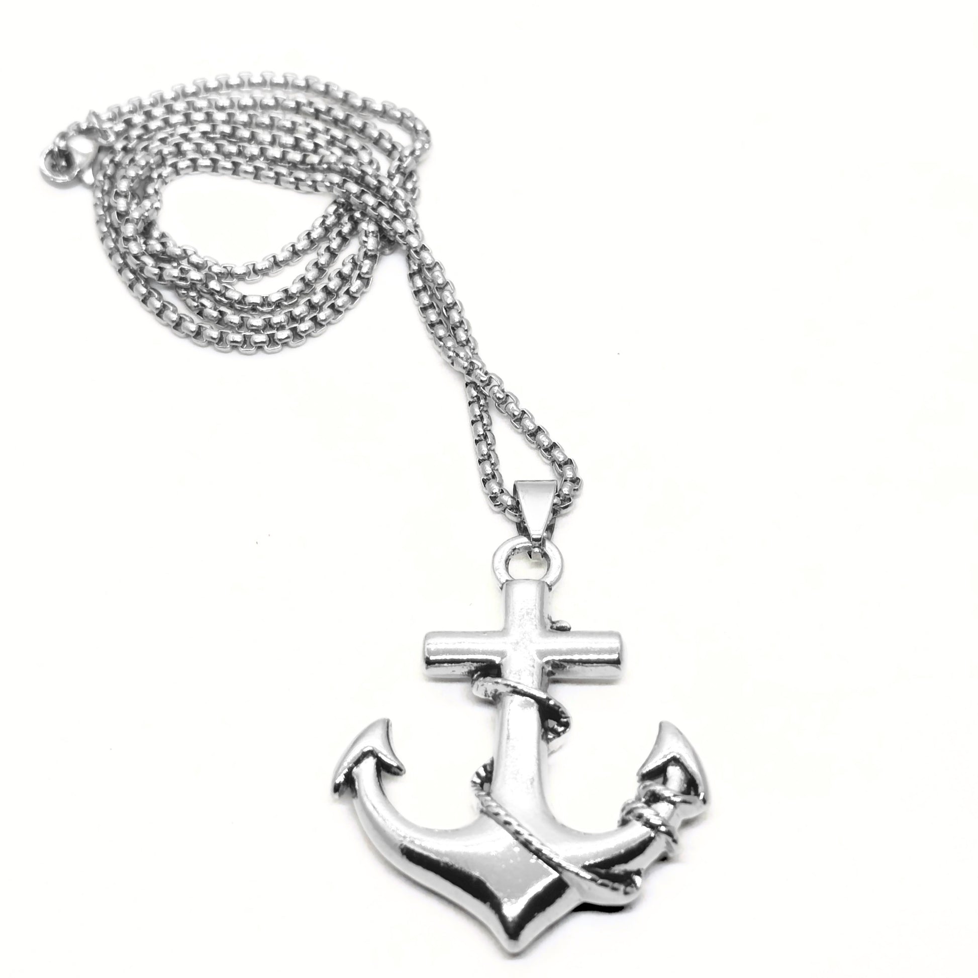 Silver anchor pendant necklace with a cross and rope detail, hanging from a metal chain. Ideal for men's fashion.