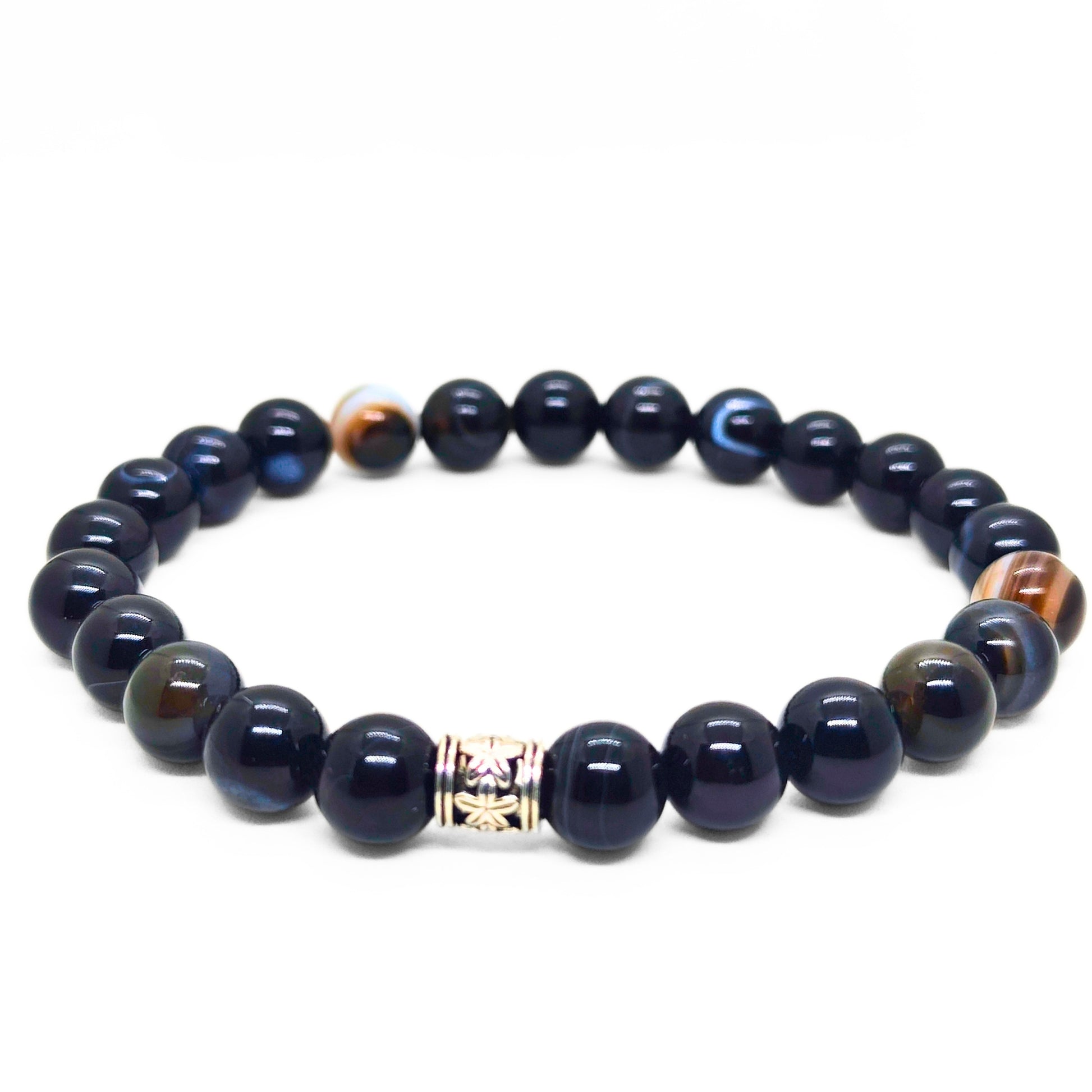 Men's dark blue beaded agate bracelet with brown accent beads and gold center