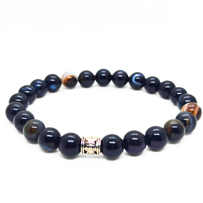 Men's dark blue beaded agate bracelet with brown accent beads and gold center