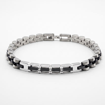 Silver and black stainless steel bracelet with hinged clasp and zircon-style stones
