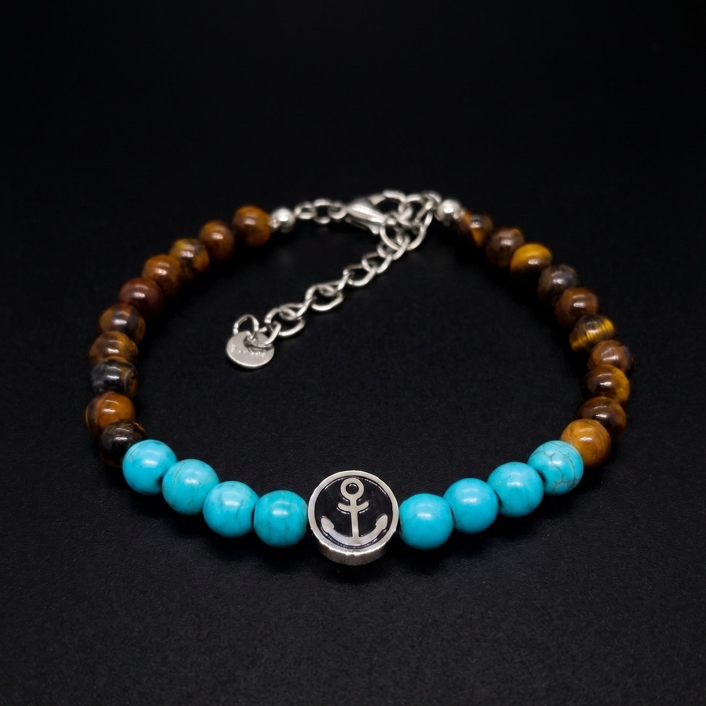 Men's tiger eye and turquoise bead anchor bracelet with silver-tone chain and charm
