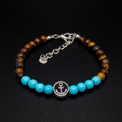 Men's tiger eye and turquoise bead anchor bracelet with silver-tone chain and charm