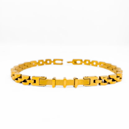 Gold stainless steel bracelet with bar links centered and chain links along the band