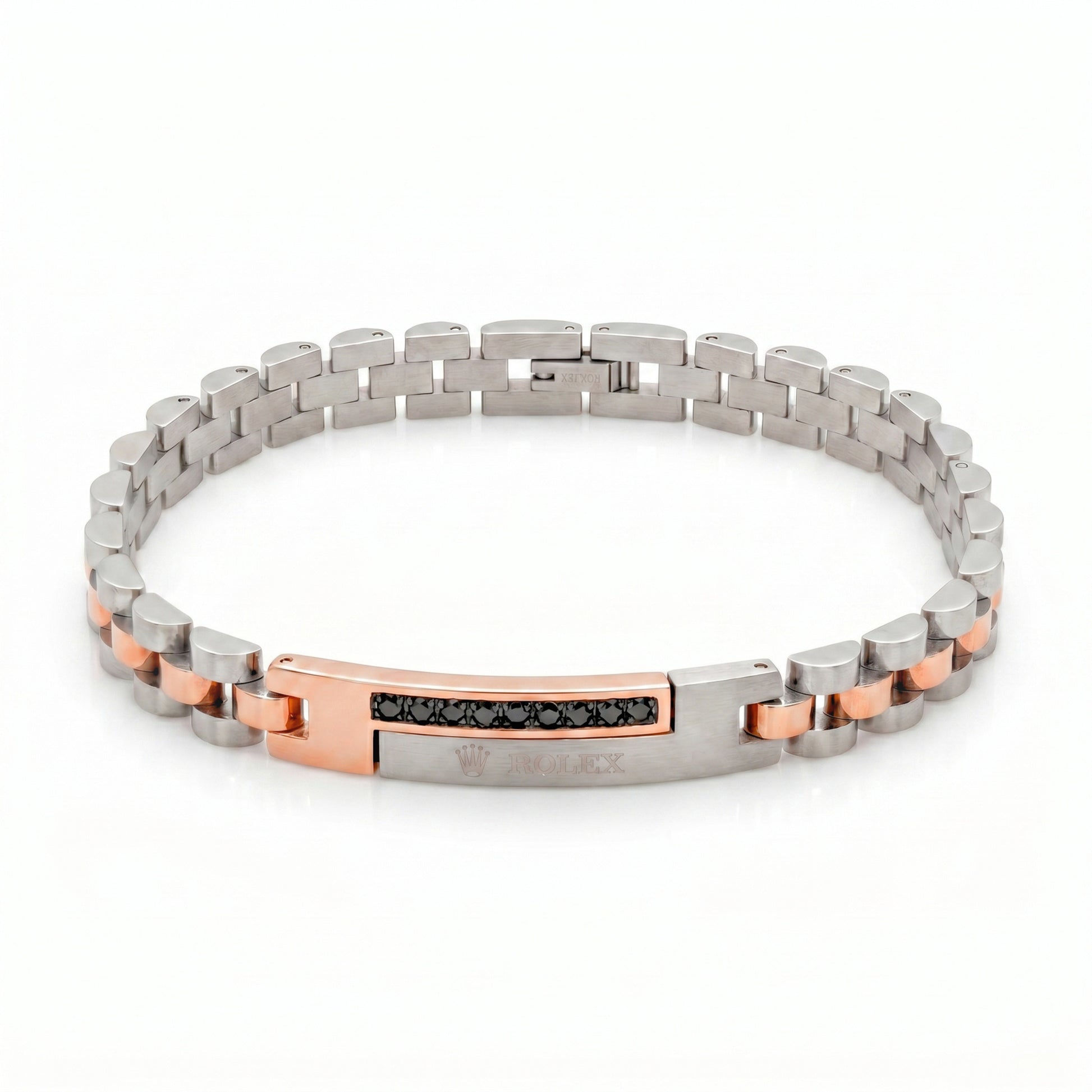 Silver and rose gold stainless steel bracelet with micro-zircon accents, featuring a sleek design for men.