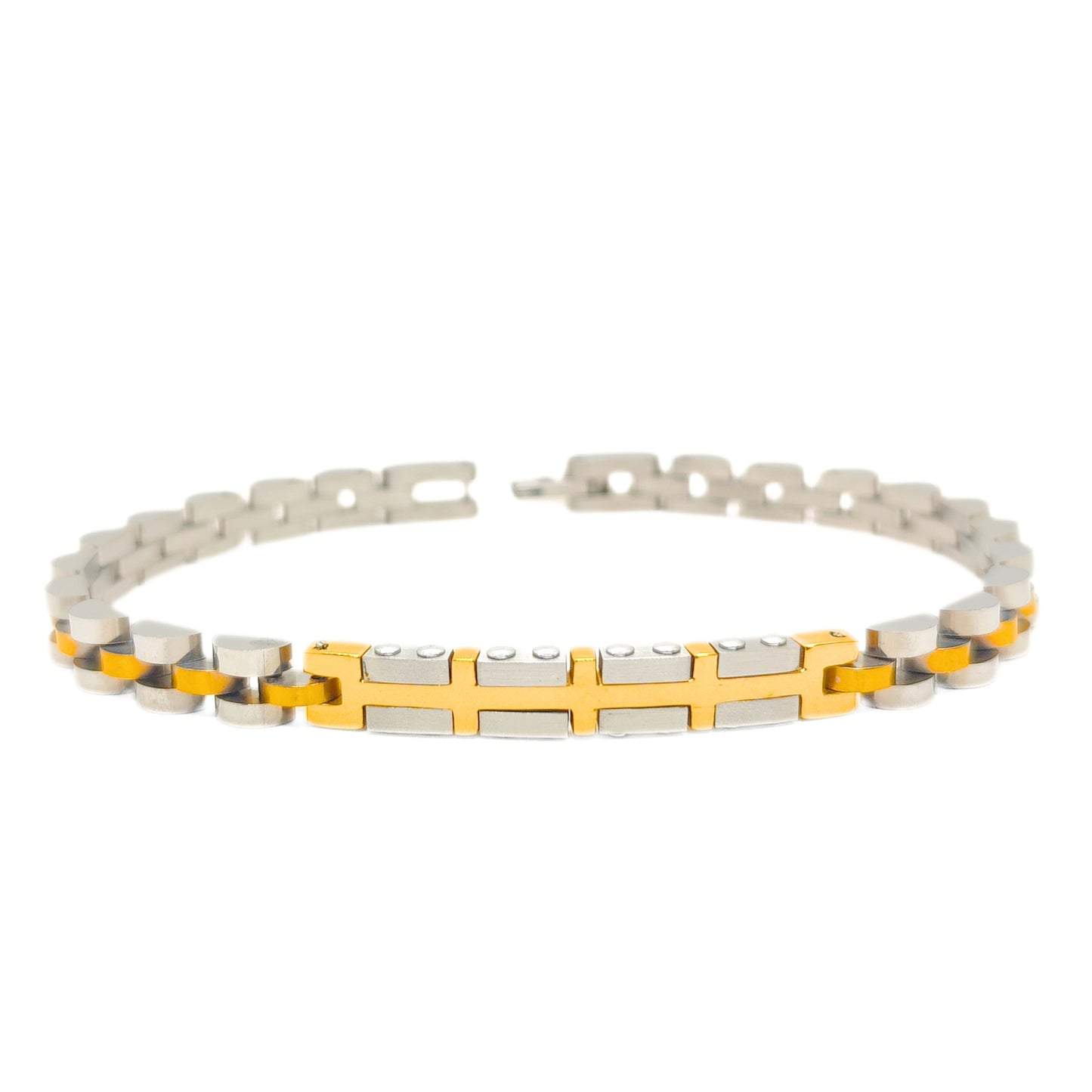 Two-tone silver and gold stainless steel cross-link bracelet, front view