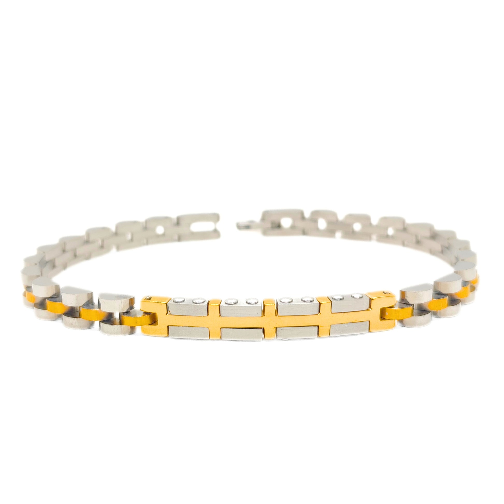 Two-tone silver and gold stainless steel cross-link bracelet, front view