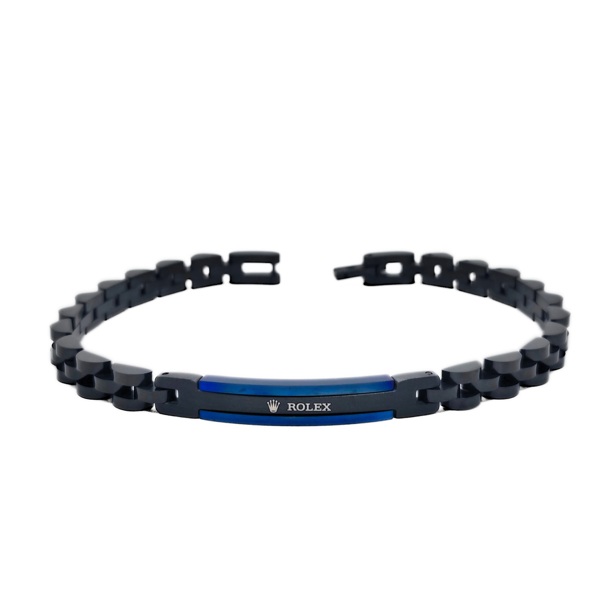 Men's black stainless steel link bracelet with blue center ID plate, B-197, Overpowered Accessories