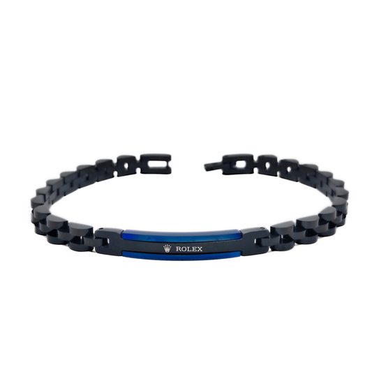 Men's black stainless steel link bracelet with blue center ID plate, B-197, Overpowered Accessories