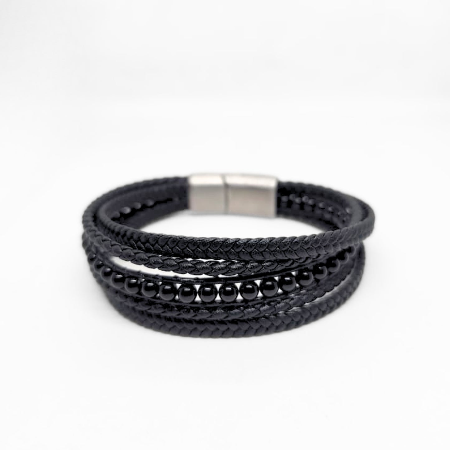 Premium Black Leather Sleek Men's Bracelet by Overpowered Accessories featuring braided leather and bead accents.