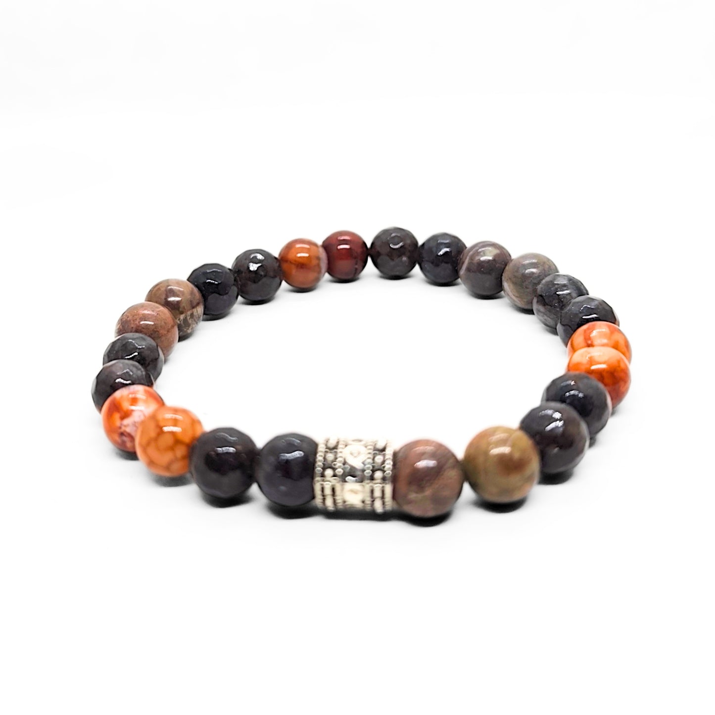 Natural Agate Stone G-26 Bracelet by Overpowered Accessories featuring a mix of dark and warm-toned beads with a decorative s
