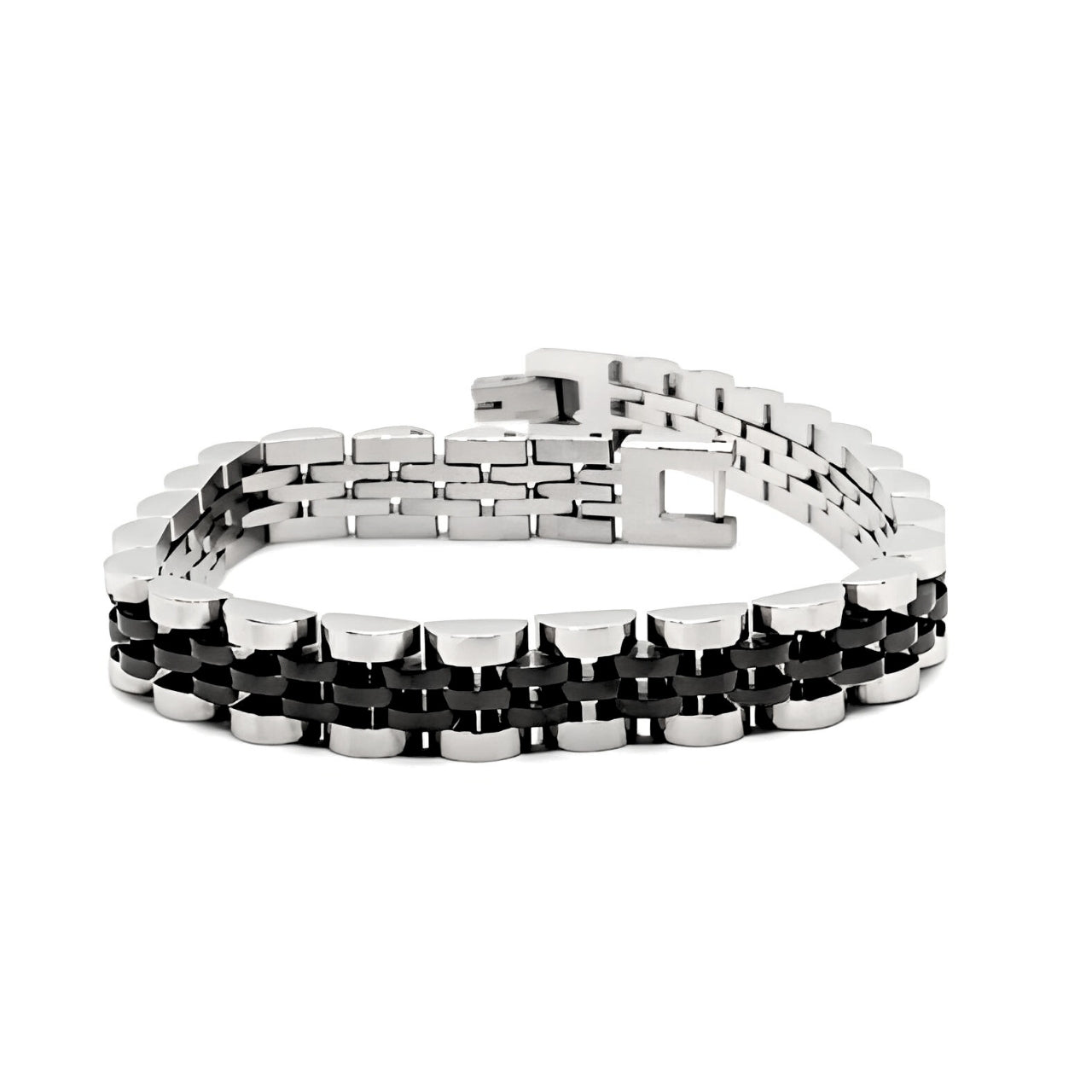 Two-tone silver and black stainless steel B-53 bracelet for men, featuring a sleek design with alternating metal links.