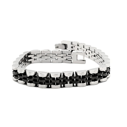 Two-tone silver and black stainless steel B-53 bracelet for men, featuring a sleek design with alternating metal links.