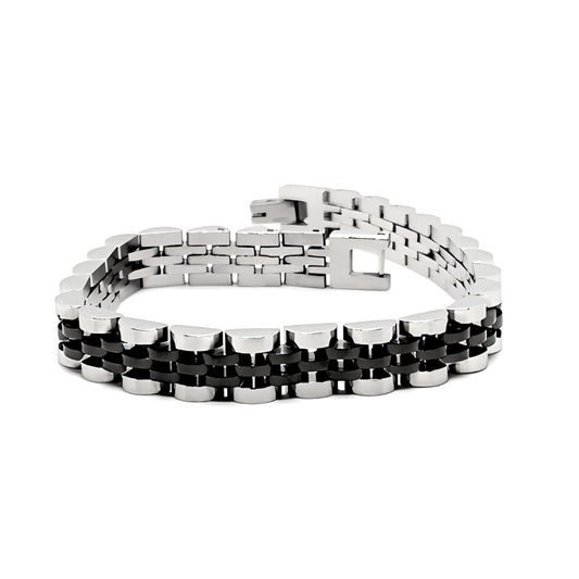 Two-tone silver and black stainless steel B-53 bracelet for men, featuring a sleek design with alternating metal links.