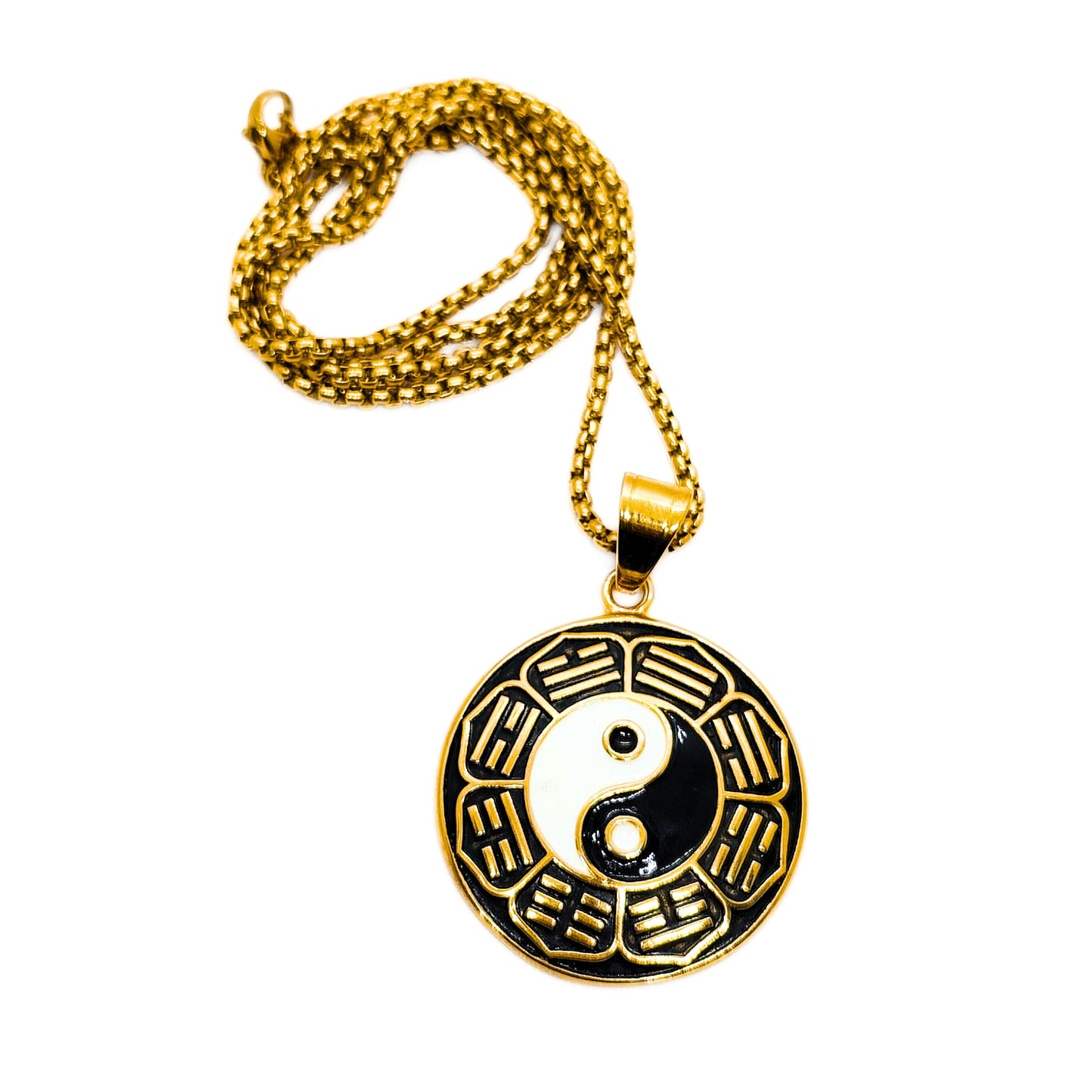 Gold yin-yang pendant necklace with round charm on chain