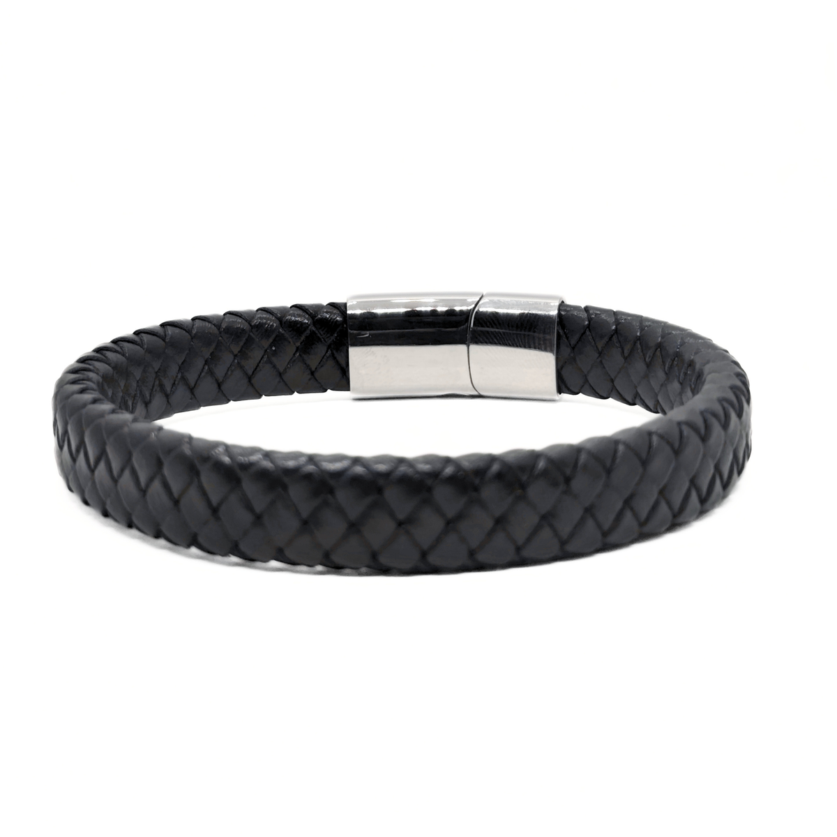 Black braided leather bracelet for men with polished stainless steel clasp, front view, B-202, Overpowered Accessories