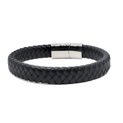 Black braided leather bracelet for men with polished stainless steel clasp, front view, B-202, Overpowered Accessories
