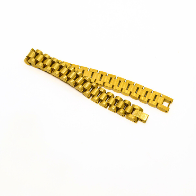Gold-colored stainless steel B-35 bracelet for men by Overpowered Accessories, featuring a sleek, interlocking design.