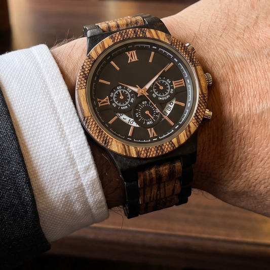 Men’s zebrawood and ebony wood watch with black dial, Roman numerals, three subdials