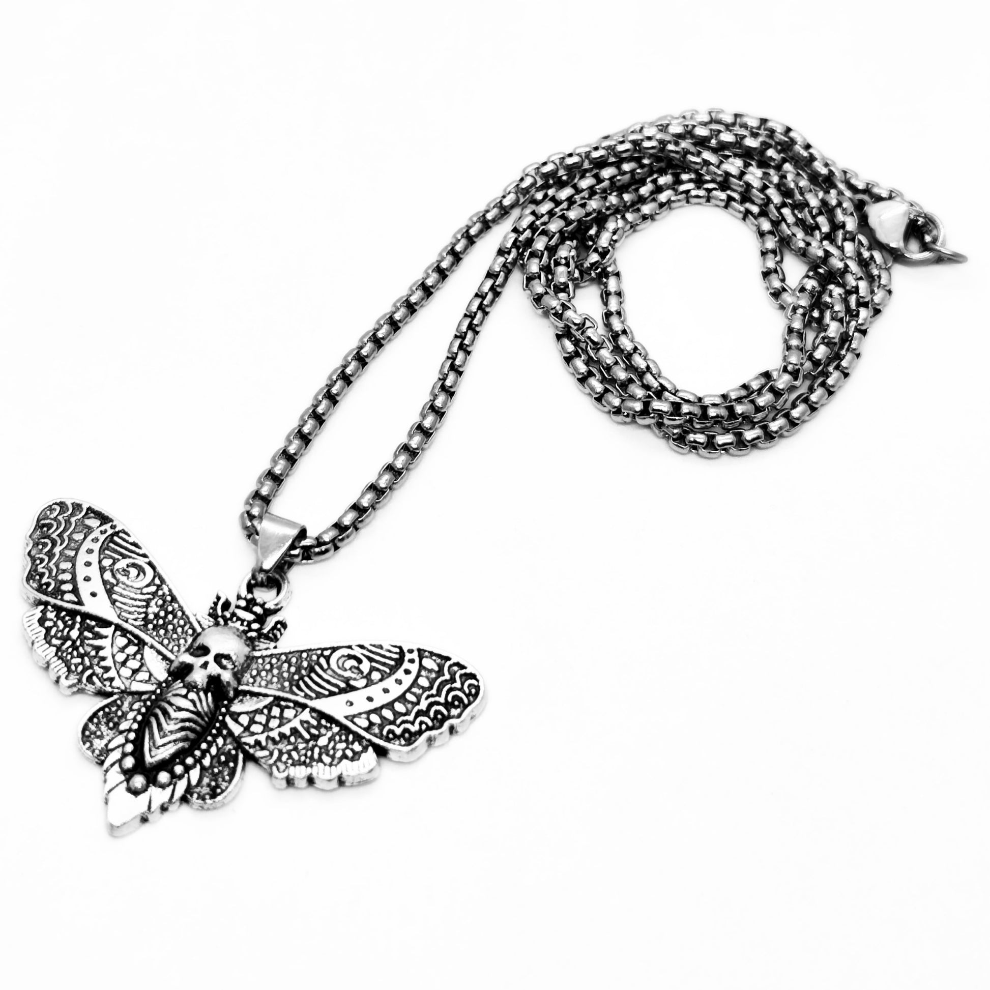 Silver-tone chain necklace with butterfly skull pendant and extended chain links