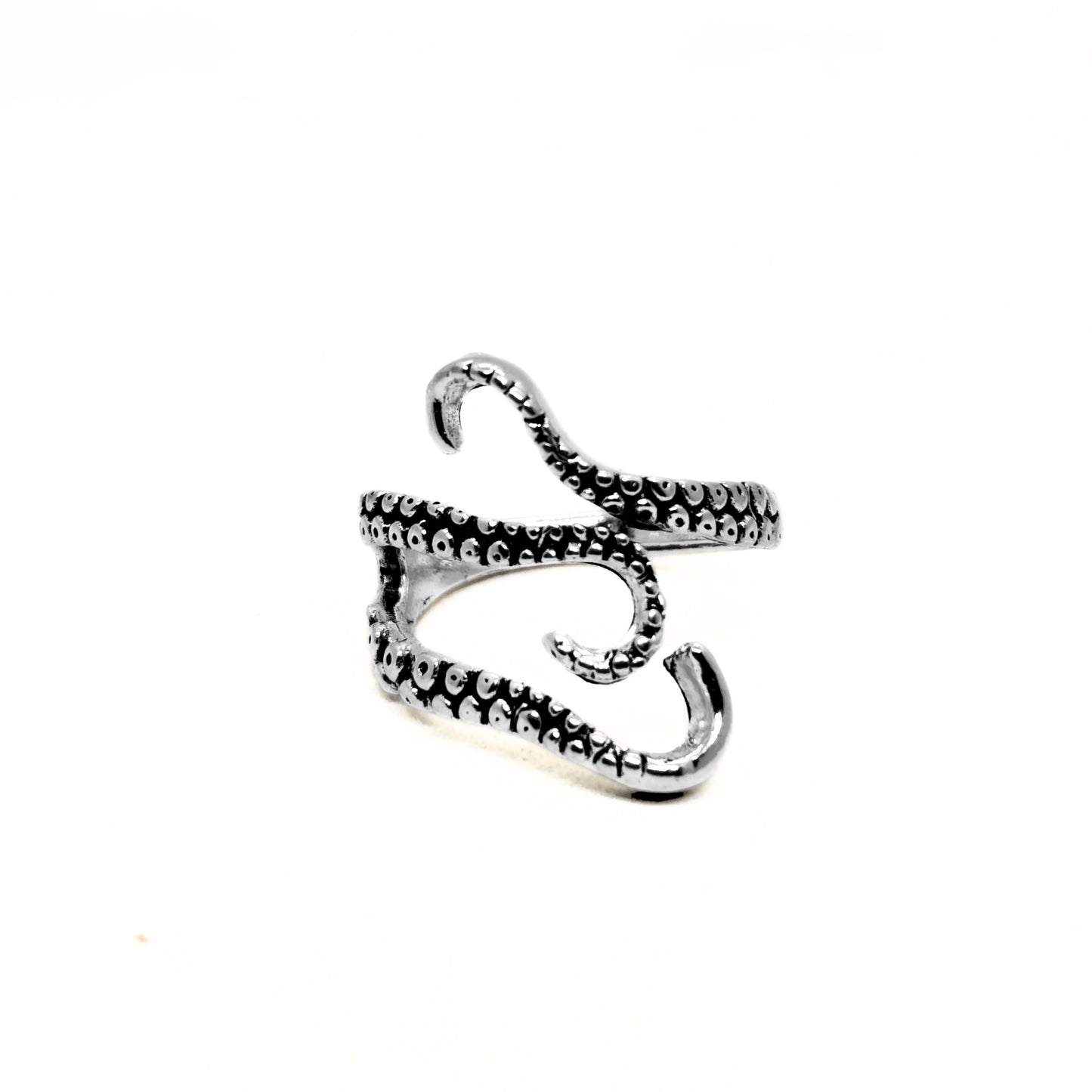Minimalist Zinc Alloy R-2 Ring by Overpowered Accessories featuring a unique octopus tentacle design in silver.