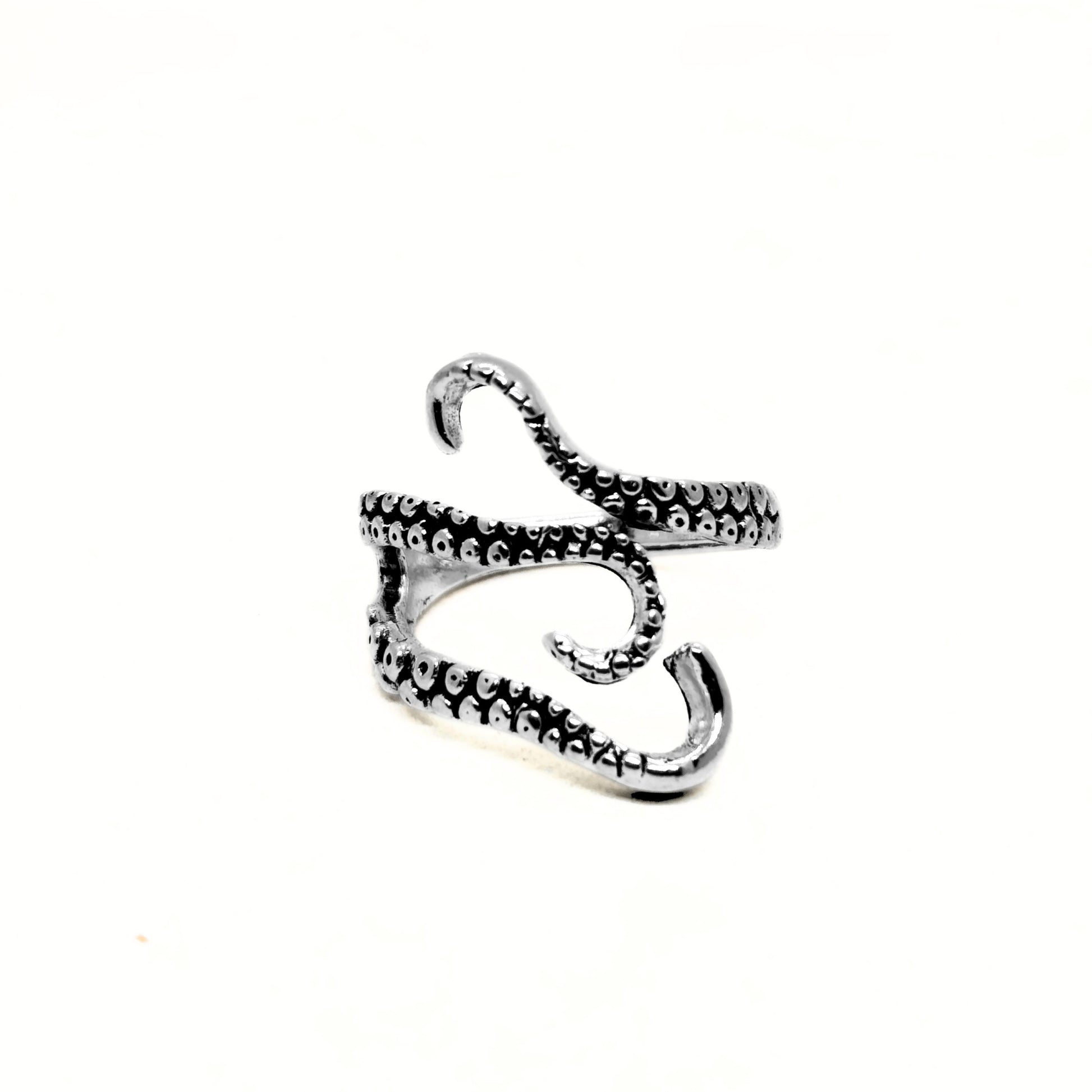 Minimalist Zinc Alloy R-2 Ring by Overpowered Accessories featuring a unique octopus tentacle design in silver.