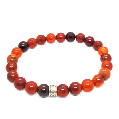 Men's red agate beaded bracelet with dark accents and silver geometric charm