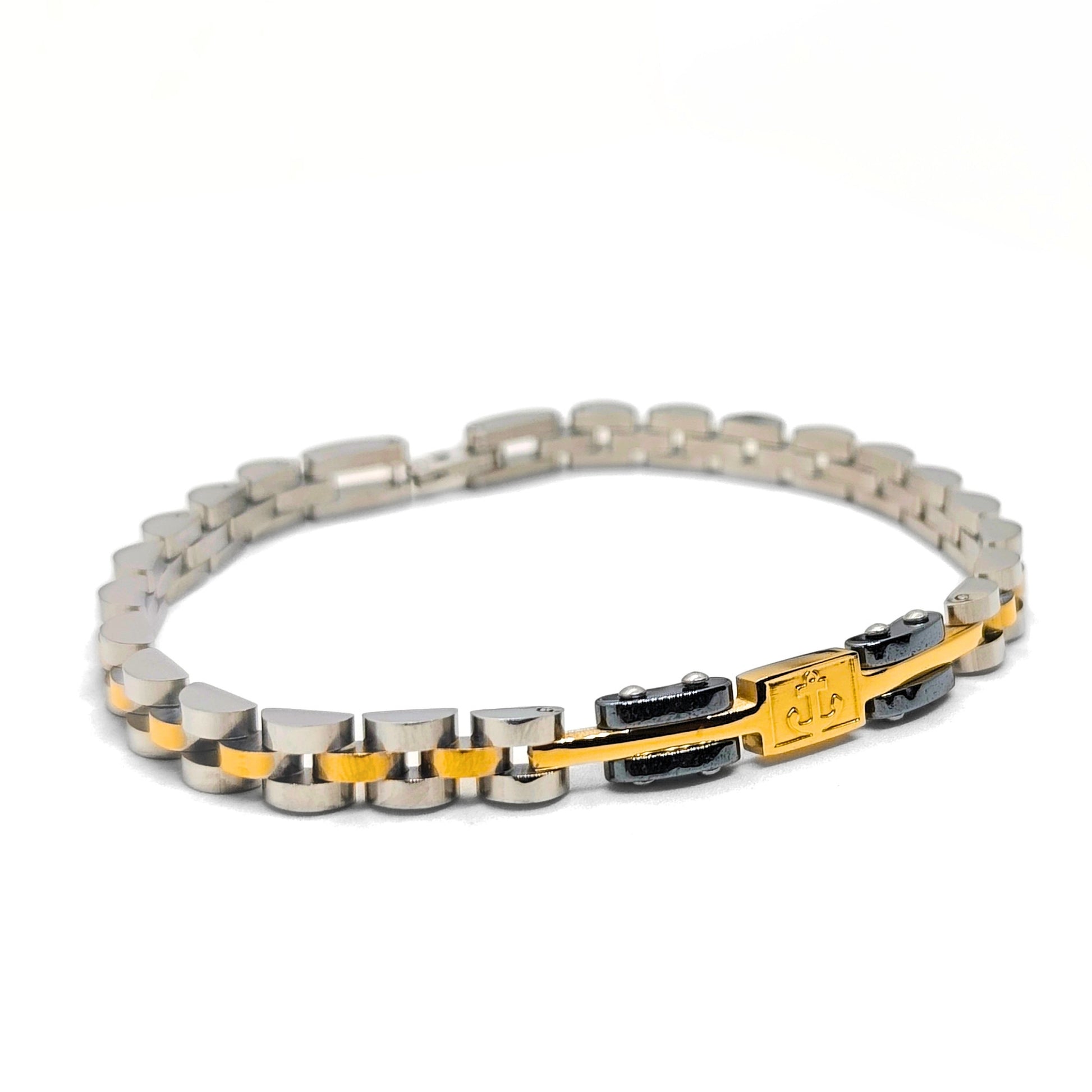 Men's tri-tone stainless steel anchor bracelet with gold and black link details