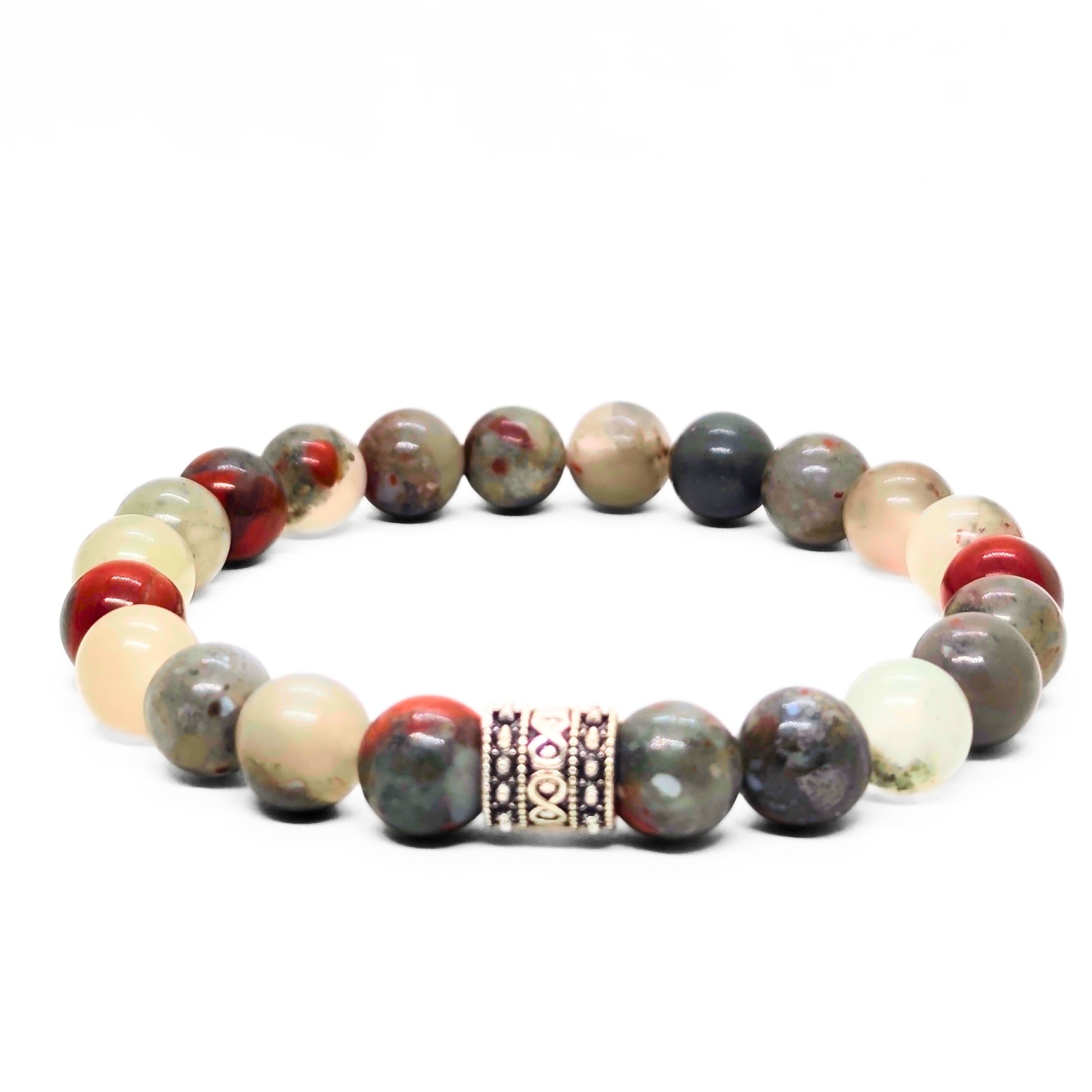 Men's natural stone bracelet with mixed red, cream, and gray round beads and decorative metal