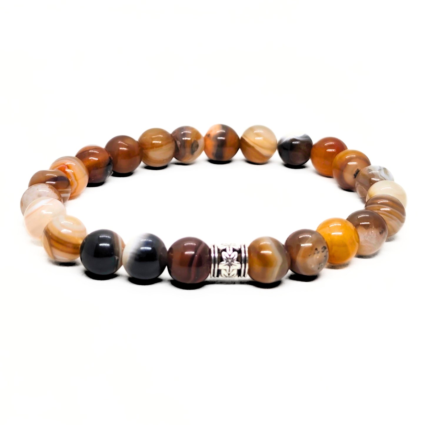 Agate bead bracelet with mixed brown, black, amber, and white round beads