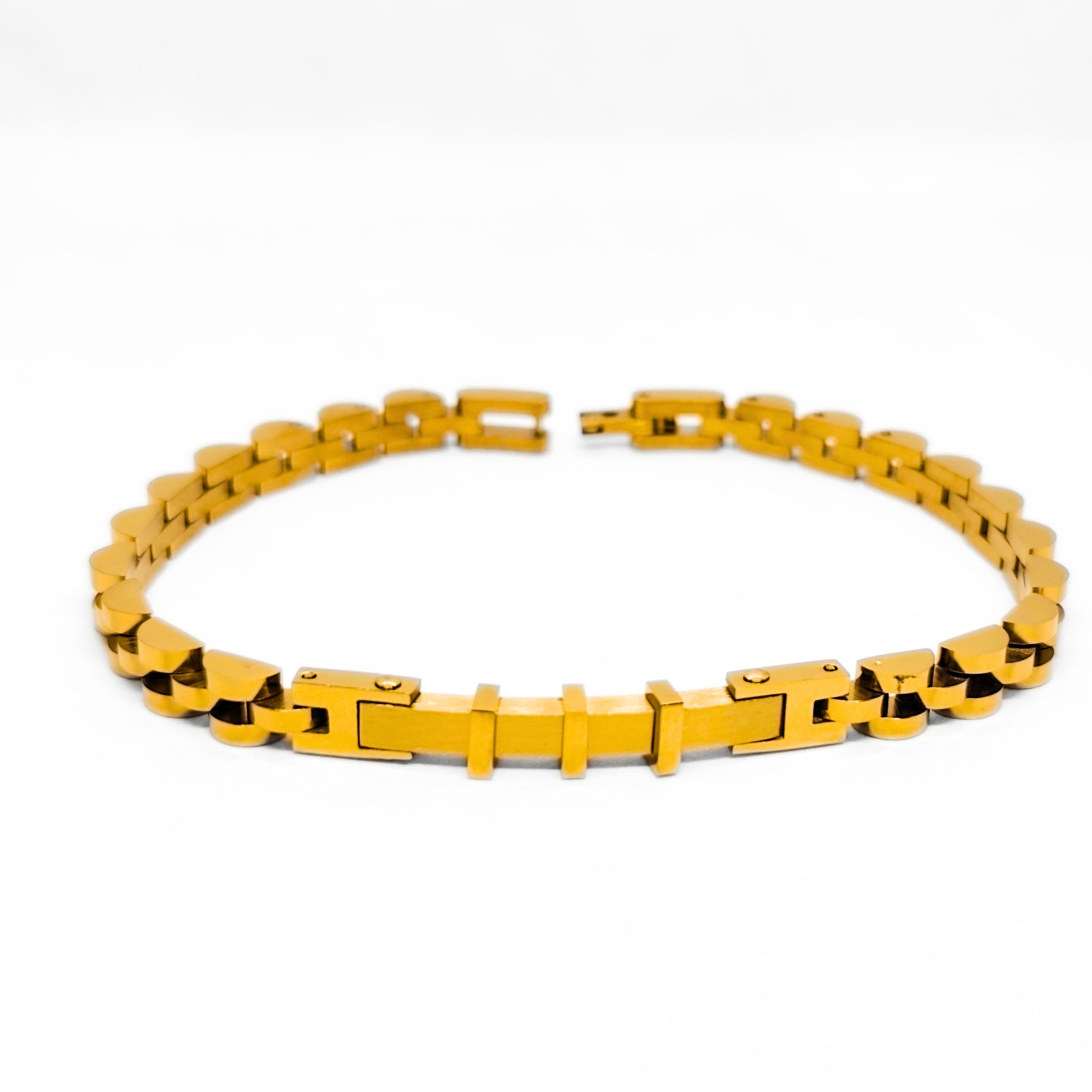 Gold stainless steel chain bracelet with rectangular bar links and box clasp