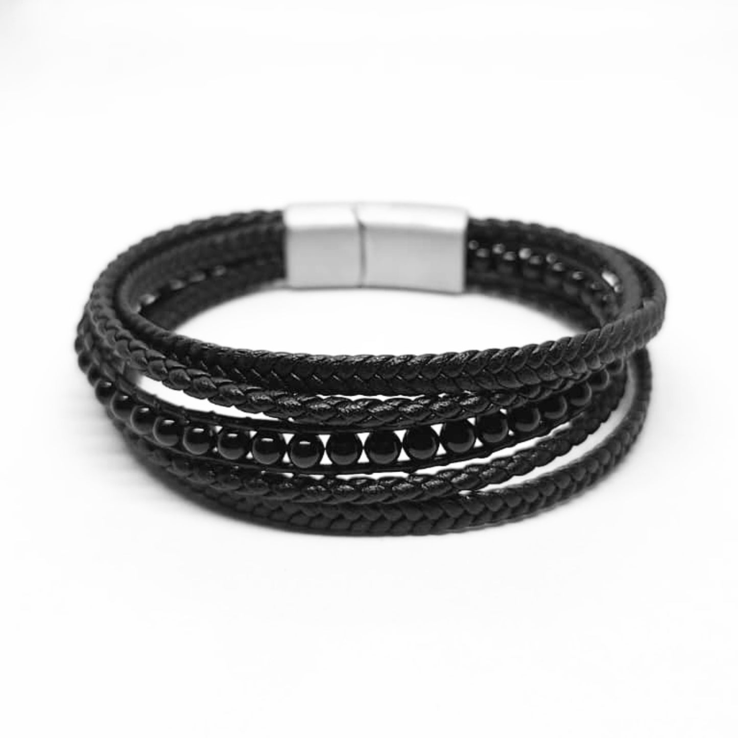 Premium Black Leather Sleek Men's Bracelet by Overpowered Accessories featuring braided leather and bead accents.