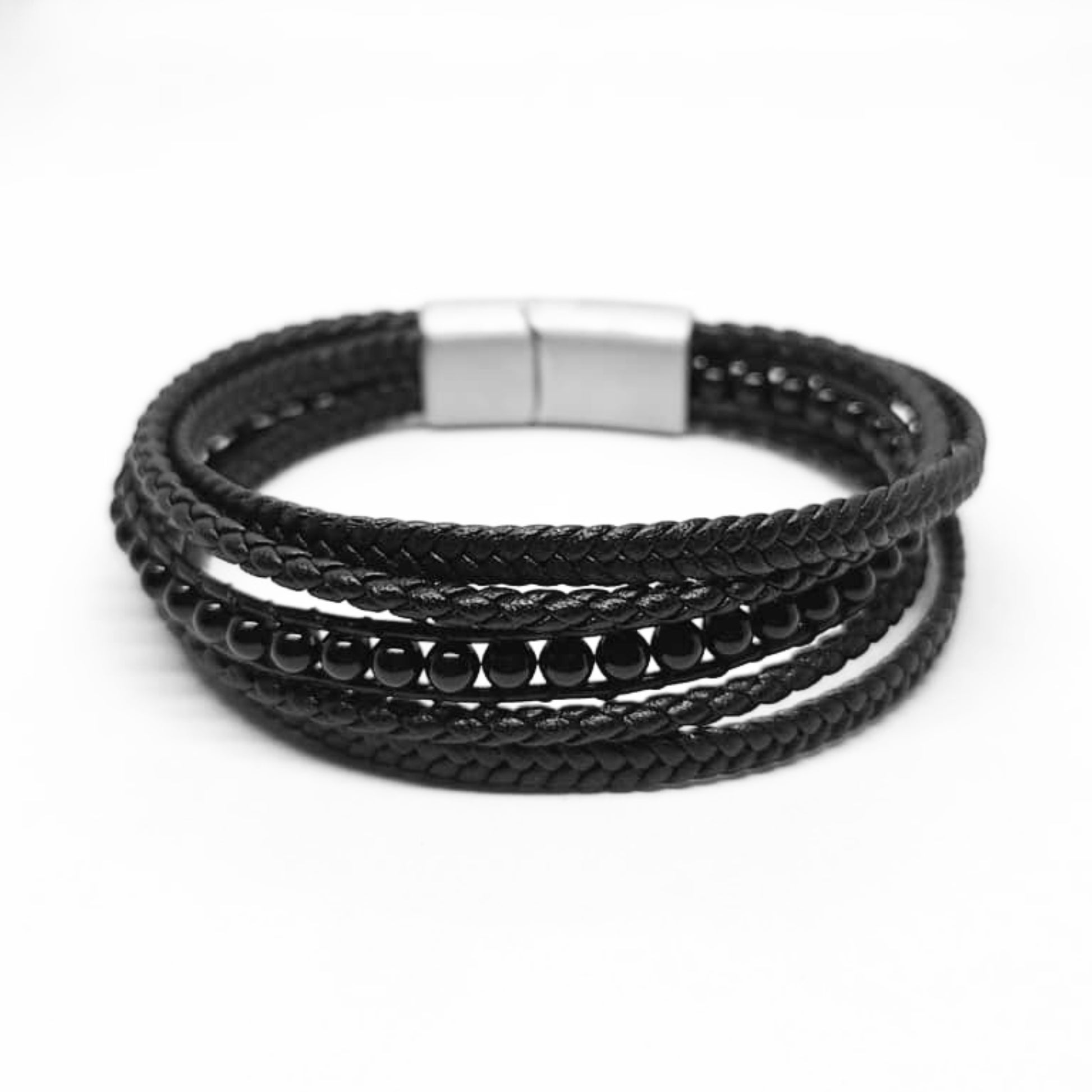 Premium Black Leather Sleek Men's Bracelet by Overpowered Accessories featuring braided leather and bead accents.