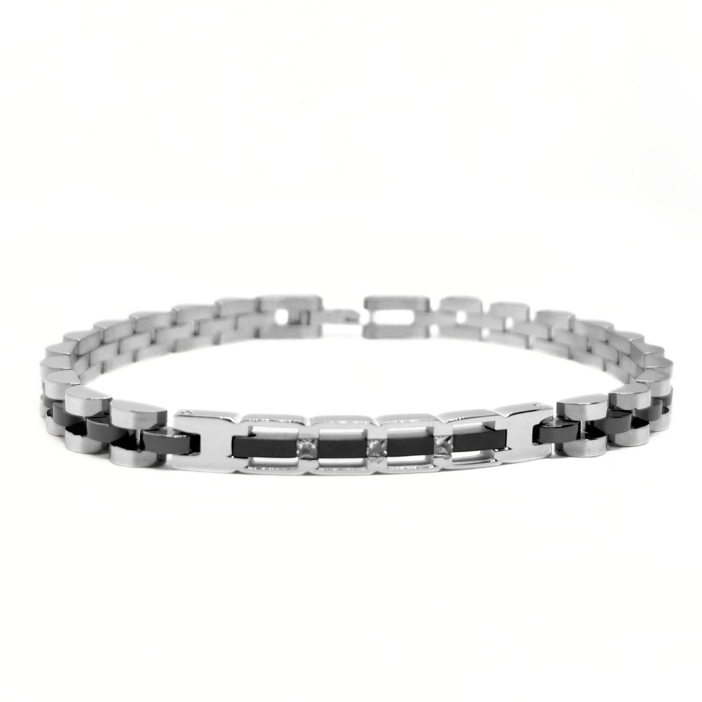 Men's stainless steel bracelet with alternating links and central black stone panels