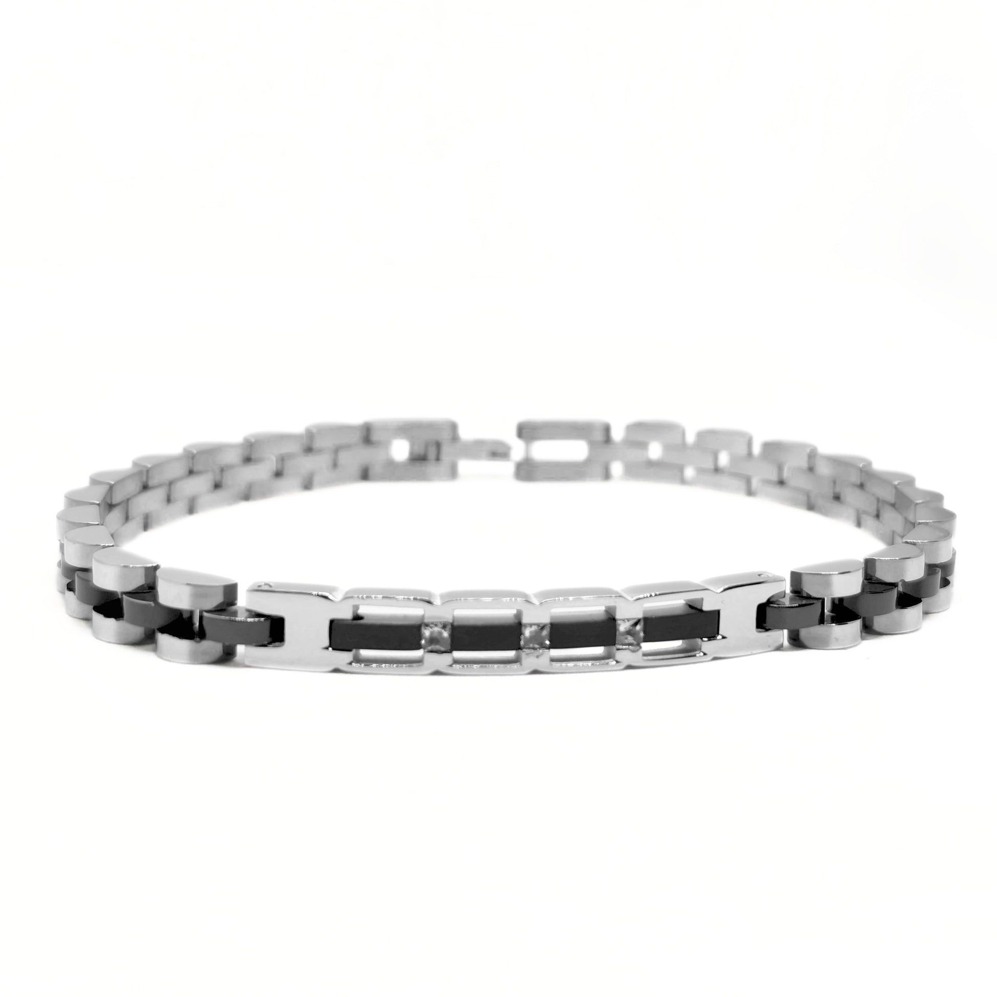Men's stainless steel bracelet with alternating links and central black stone panels