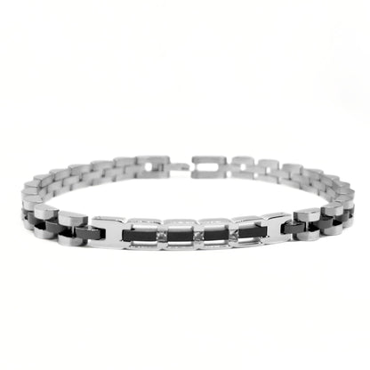 Men's stainless steel bracelet with alternating links and central black stone panels