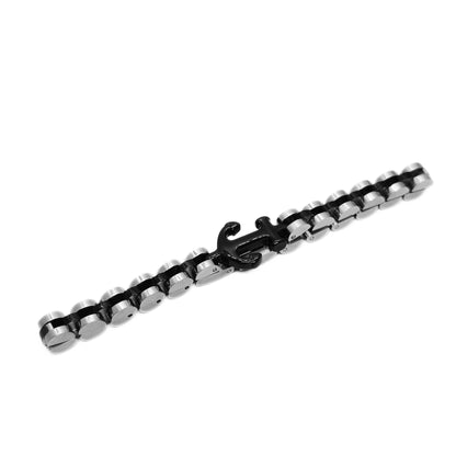 Two-tone stainless steel anchor bracelet with black anchor and silver links.
